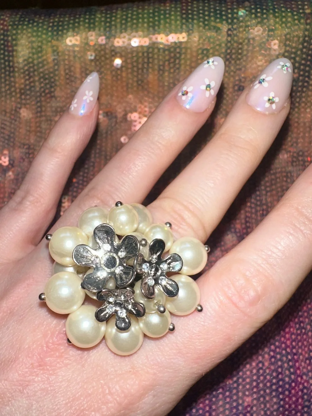 Floral & Pearl Cluster Silver Tone Stretch Ring